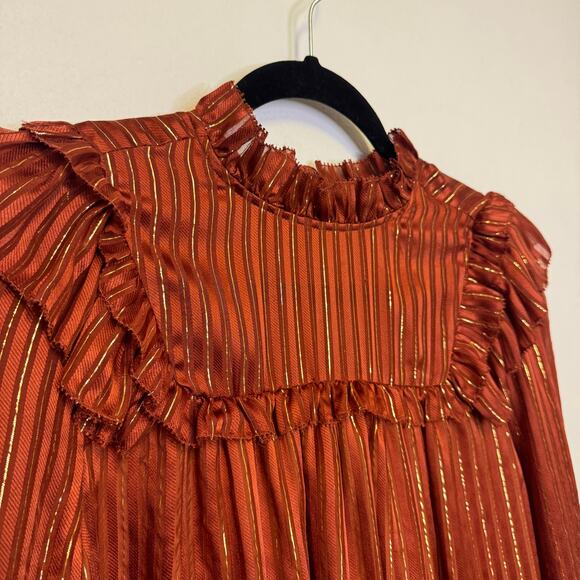Marie Oliver Estelle Blouse - Silk Metallic Stripe Ruffled Neck Top - Picture 6 of 7
